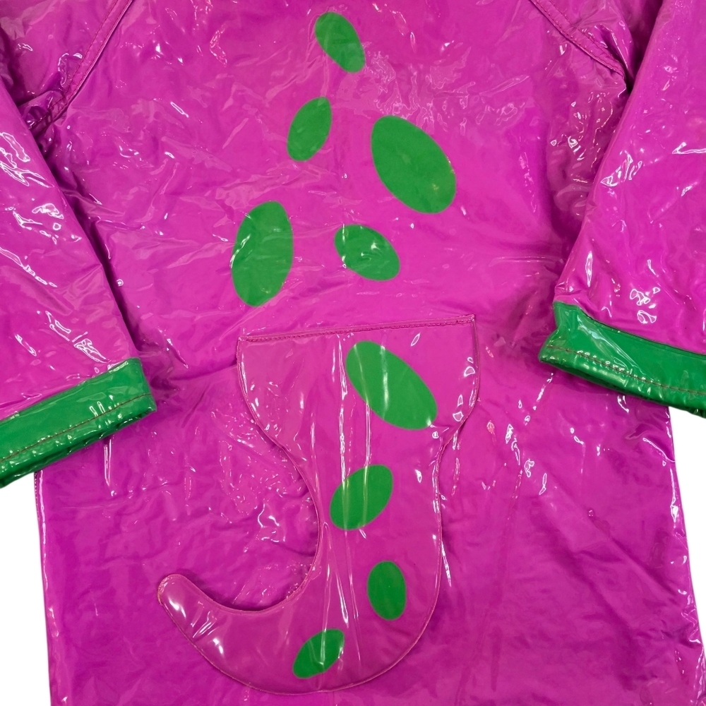 Vintage 90s Barney Dinosaur Kids Raincoat Hooded Purple PVC Jacket Costume - Picture 13 of 16